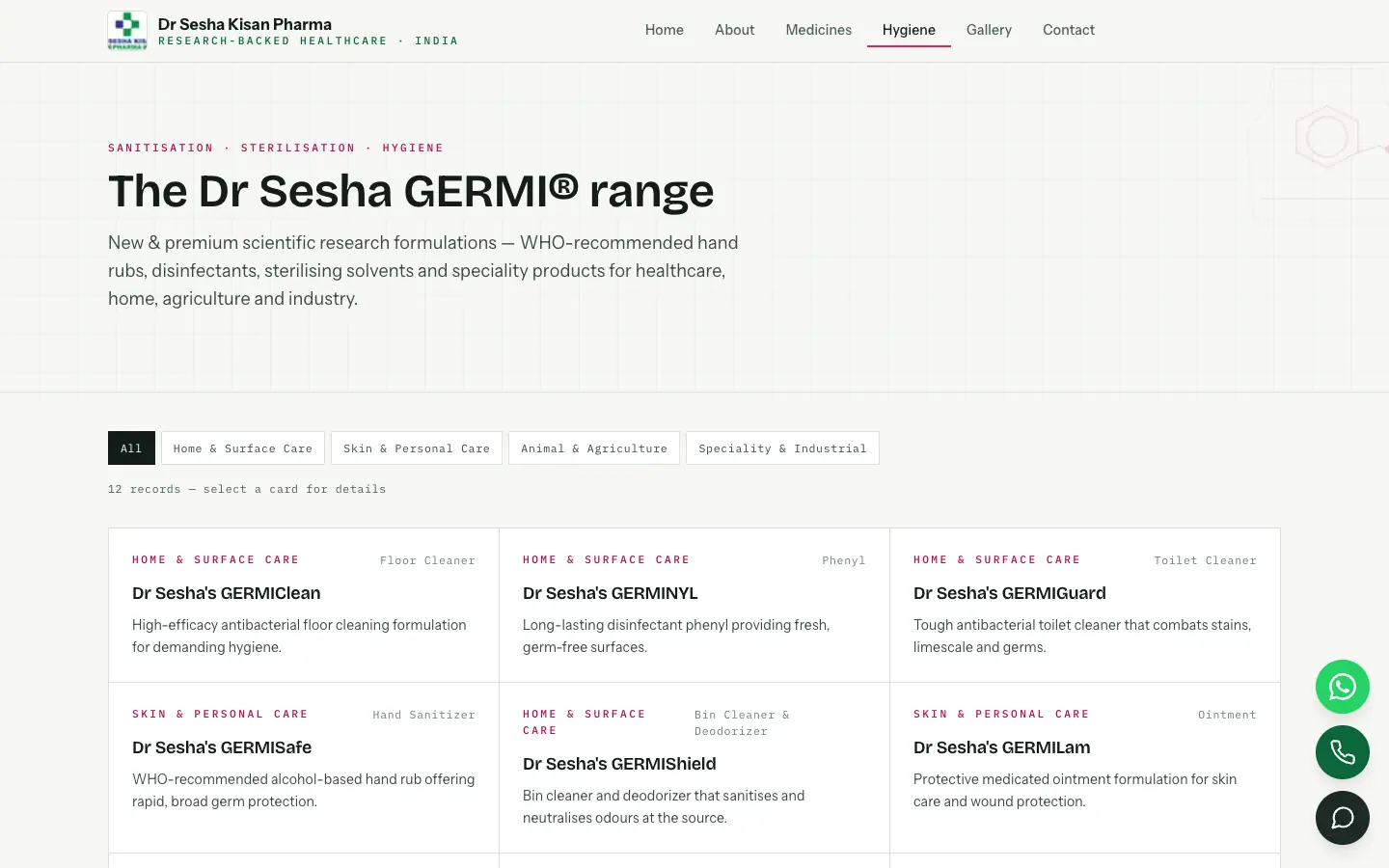 GERMI hygiene range catalogue with category filters