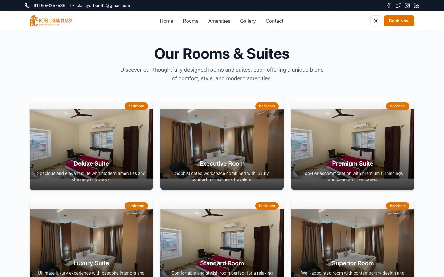 Rooms and suites page with six room cards