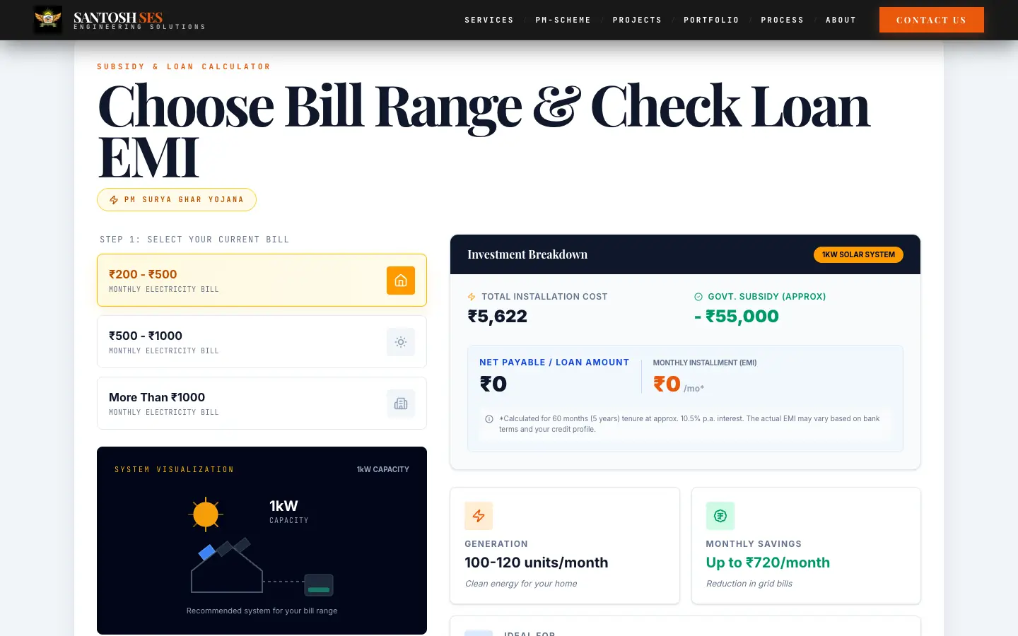 Bill range picker with investment breakdown and loan EMI