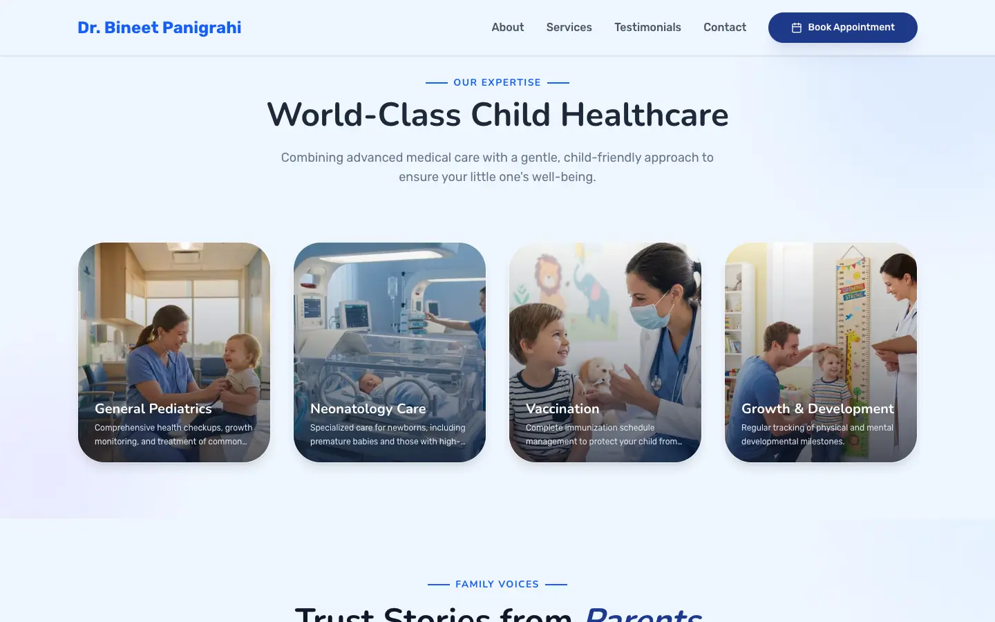 Services section with four child healthcare cards